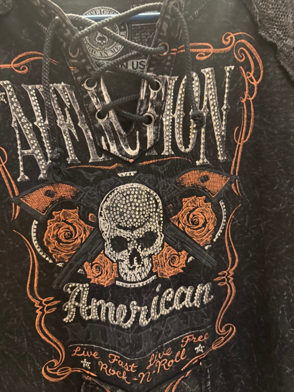 Affliction Black Lace-Up Skull & Rose Graphic Top with Orange Accents - Picture 1 of 6